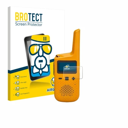 Parte frontal de un envase de producto con el logotipo de la marca BROTECT. Al lado se muestra el dispositivo Motorola Talkabo