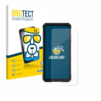 Parte frontal de un envase de producto con el logotipo de la marca BROTECT. Al lado se muestra el dispositivo Ulefone RugOne X