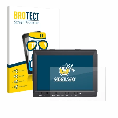 Parte frontal de un envase de producto con el logotipo de la marca BROTECT. Al lado se muestra el dispositivo Feelworld FW759 