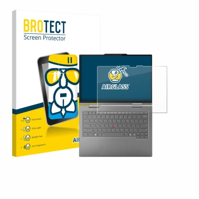 Parte frontal de un envase de producto con el logotipo de la marca BROTECT. Al lado se muestra el dispositivo Lenovo ThinkPad 