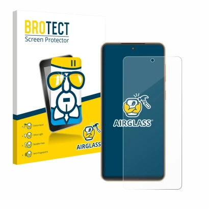 Parte frontal de un envase de producto con el logotipo de la marca BROTECT. Al lado se muestra el dispositivo Samsung Galaxy F