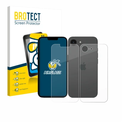 Parte frontal de un envase de producto con el logotipo de la marca BROTECT. Al lado se muestra el dispositivo Apple iPhone 17e