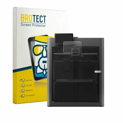 Parte frontal de un envase de producto con el logotipo de la marca BROTECT. Al lado se muestra el dispositivo Bambu Lab X2D co