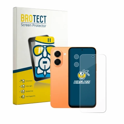 Parte frontal de un envase de producto con el logotipo de la marca BROTECT. Al lado se muestra el dispositivo Honor X7e (Front