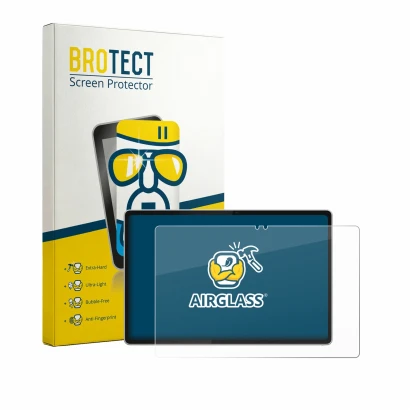 Parte frontal de un envase de producto con el logotipo de la marca BROTECT. Al lado se muestra el dispositivo Lenovo Tab Plus 
