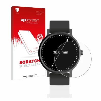Parte frontal de un envase de producto con el logotipo de la marca upscreen. Al lado se muestra el dispositivo Relojes (Circul