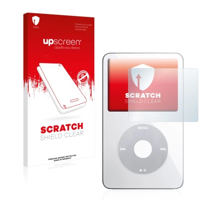 Parte frontal de un envase de producto con el logotipo de la marca upscreen. Al lado se muestra el dispositivo Apple iPod clas