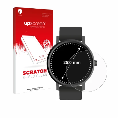 Parte frontal de un envase de producto con el logotipo de la marca upscreen. Al lado se muestra el dispositivo Relojes (Circul