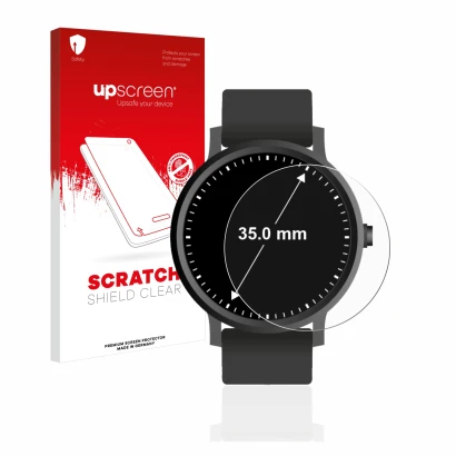 Parte frontal de un envase de producto con el logotipo de la marca upscreen. Al lado se muestra el dispositivo Relojes (Circul