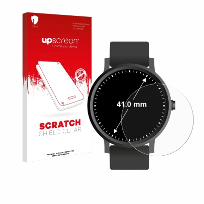 Parte frontal de un envase de producto con el logotipo de la marca upscreen. Al lado se muestra el dispositivo Relojes (Circul