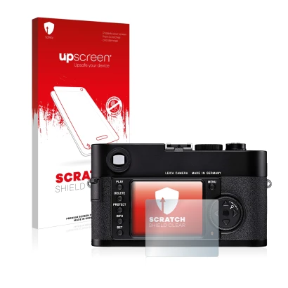 Parte frontal de un envase de producto con el logotipo de la marca upscreen. Al lado se muestra el dispositivo Leica M8 con su