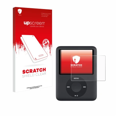 Parte frontal de un envase de producto con el logotipo de la marca upscreen. Al lado se muestra el dispositivo Apple iPod nano