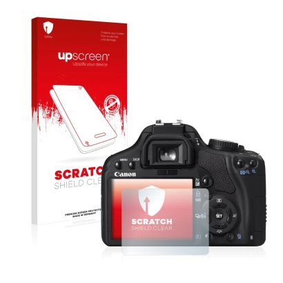 Parte frontal de un envase de producto con el logotipo de la marca upscreen. Al lado se muestra el dispositivo Canon EOS 450D 