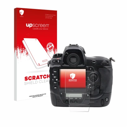 Parte frontal de un envase de producto con el logotipo de la marca upscreen. Al lado se muestra el dispositivo Nikon D3x con s