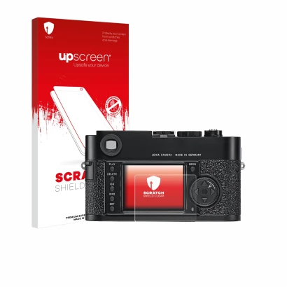 Parte frontal de un envase de producto con el logotipo de la marca upscreen. Al lado se muestra el dispositivo Leica M9 con su