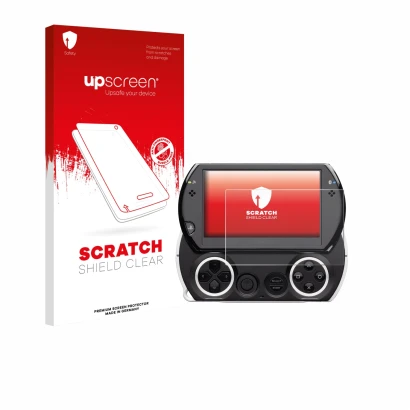 Parte frontal de un envase de producto con el logotipo de la marca upscreen. Al lado se muestra el dispositivo Sony PSP Go con