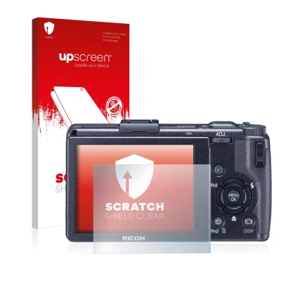 Parte frontal de un envase de producto con el logotipo de la marca upscreen. Al lado se muestra el dispositivo Ricoh GR Digita