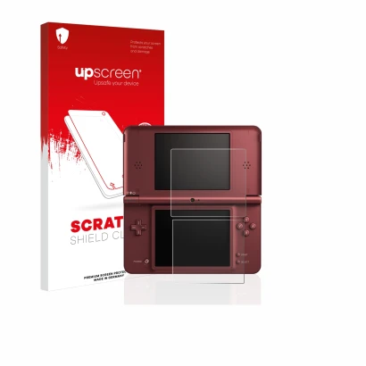 Parte frontal de un envase de producto con el logotipo de la marca upscreen. Al lado se muestra el dispositivo Nintendo DSi XL