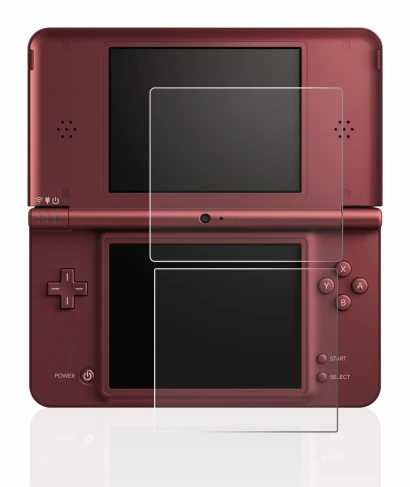 Imagen del dispositivo Nintendo DSi XL con una amplia variedad de protectores de pantalla.