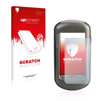 Parte frontal de un envase de producto con el logotipo de la marca upscreen. Al lado se muestra el dispositivo Garmin Oregon 4