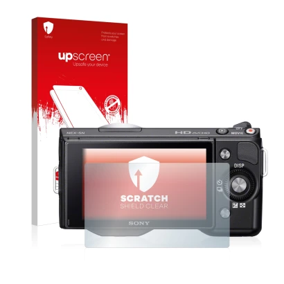 Parte frontal de un envase de producto con el logotipo de la marca upscreen. Al lado se muestra el dispositivo Sony Alpha NEX-
