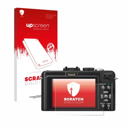 Parte frontal de un envase de producto con el logotipo de la marca upscreen. Al lado se muestra el dispositivo Panasonic Lumix