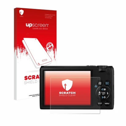 Parte frontal de un envase de producto con el logotipo de la marca upscreen. Al lado se muestra el dispositivo Canon PowerShot