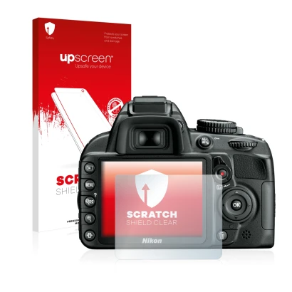 Parte frontal de un envase de producto con el logotipo de la marca upscreen. Al lado se muestra el dispositivo Nikon D3100 con