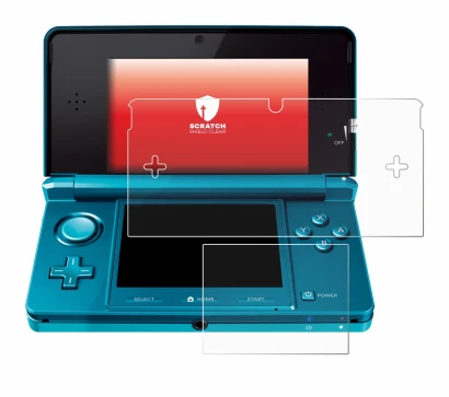 Imagen del dispositivo Nintendo 3DS con una amplia variedad de protectores de pantalla.