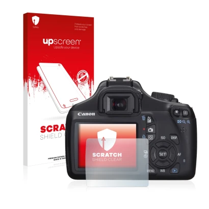 Parte frontal de un envase de producto con el logotipo de la marca upscreen. Al lado se muestra el dispositivo Canon EOS 1100D