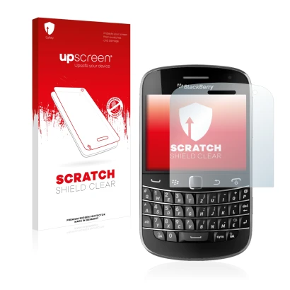 Parte frontal de un envase de producto con el logotipo de la marca upscreen. Al lado se muestra el dispositivo RIM BlackBerry 