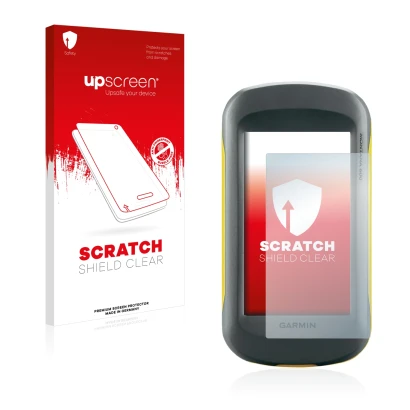 Parte frontal de un envase de producto con el logotipo de la marca upscreen. Al lado se muestra el dispositivo Garmin Montana 