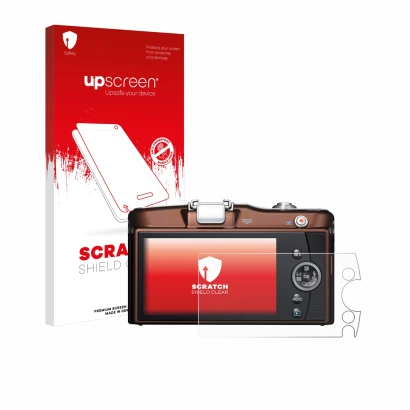 Parte frontal de un envase de producto con el logotipo de la marca upscreen. Al lado se muestra el dispositivo Olympus PEN E-P