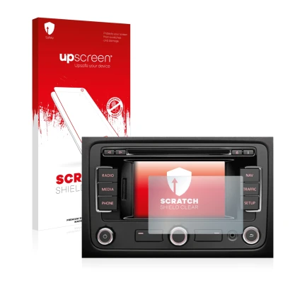 Parte frontal de un envase de producto con el logotipo de la marca upscreen. Al lado se muestra el dispositivo Volkswagen Pass