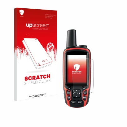 Parte frontal de un envase de producto con el logotipo de la marca upscreen. Al lado se muestra el dispositivo Garmin Astro 32