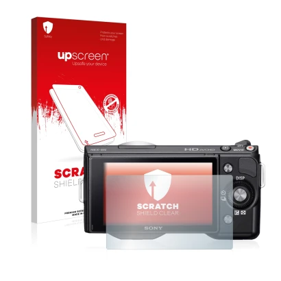 Parte frontal de un envase de producto con el logotipo de la marca upscreen. Al lado se muestra el dispositivo Sony Alpha NEX-
