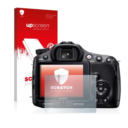 Parte frontal de un envase de producto con el logotipo de la marca upscreen. Al lado se muestra el dispositivo Sony Alpha 65V