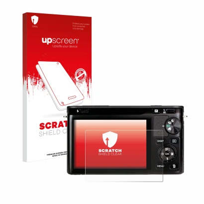 Parte frontal de un envase de producto con el logotipo de la marca upscreen. Al lado se muestra el dispositivo Nikon 1 J1 con