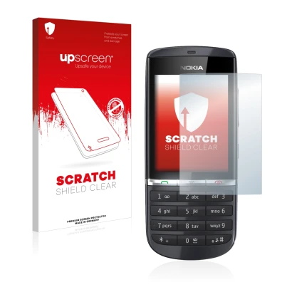 Parte frontal de un envase de producto con el logotipo de la marca upscreen. Al lado se muestra el dispositivo Nokia Asha 300