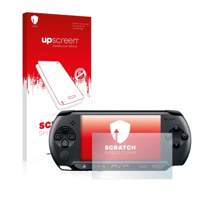 Parte frontal de un envase de producto con el logotipo de la marca upscreen. Al lado se muestra el dispositivo Sony PSP Street