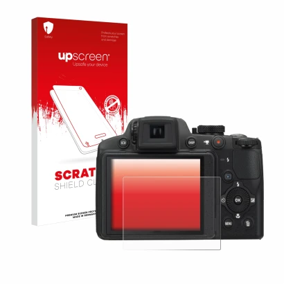 Parte frontal de un envase de producto con el logotipo de la marca upscreen. Al lado se muestra el dispositivo Nikon Coolpix P