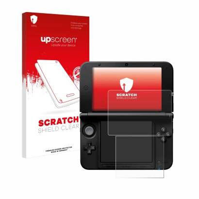 Parte frontal de un envase de producto con el logotipo de la marca upscreen. Al lado se muestra el dispositivo Nintendo 3DS XL