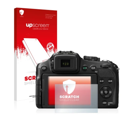 Parte frontal de un envase de producto con el logotipo de la marca upscreen. Al lado se muestra el dispositivo Panasonic Lumix