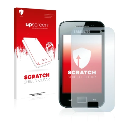 Parte frontal de un envase de producto con el logotipo de la marca upscreen. Al lado se muestra el dispositivo Samsung Galaxy