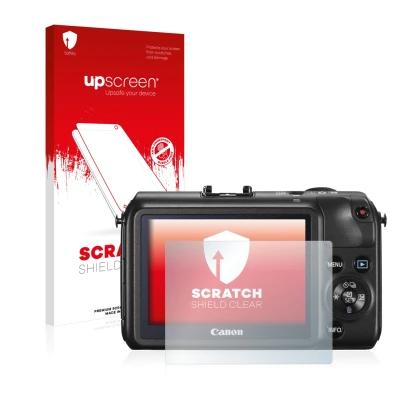 Parte frontal de un envase de producto con el logotipo de la marca upscreen. Al lado se muestra el dispositivo Canon EOS M con