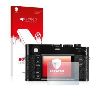 Parte frontal de un envase de producto con el logotipo de la marca upscreen. Al lado se muestra el dispositivo Leica M (Typ 24