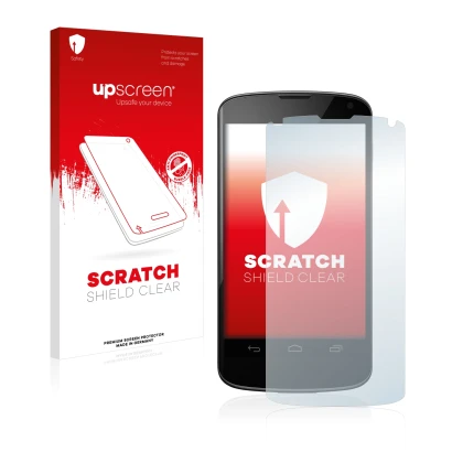 Parte frontal de un envase de producto con el logotipo de la marca upscreen. Al lado se muestra el dispositivo Google Nexus 4