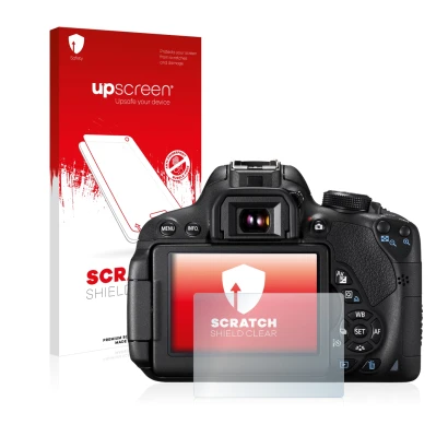 Parte frontal de un envase de producto con el logotipo de la marca upscreen. Al lado se muestra el dispositivo Canon EOS 700D
