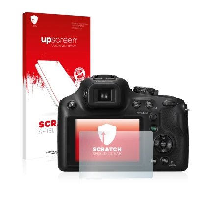 Parte frontal de un envase de producto con el logotipo de la marca upscreen. Al lado se muestra el dispositivo Panasonic Lumix