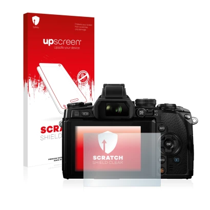 Parte frontal de un envase de producto con el logotipo de la marca upscreen. Al lado se muestra el dispositivo Olympus OM-D E-